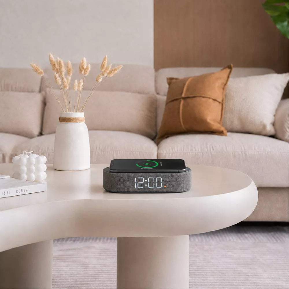 Fabric Wrapped Digital Alarm Clock with Wireless Charging & USB-C Port