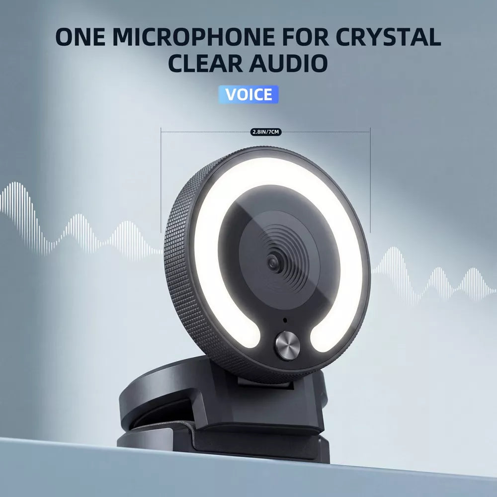 4K Autofocus Webcam with Adjustable Ring Light & Dual Noise Canceling Mics