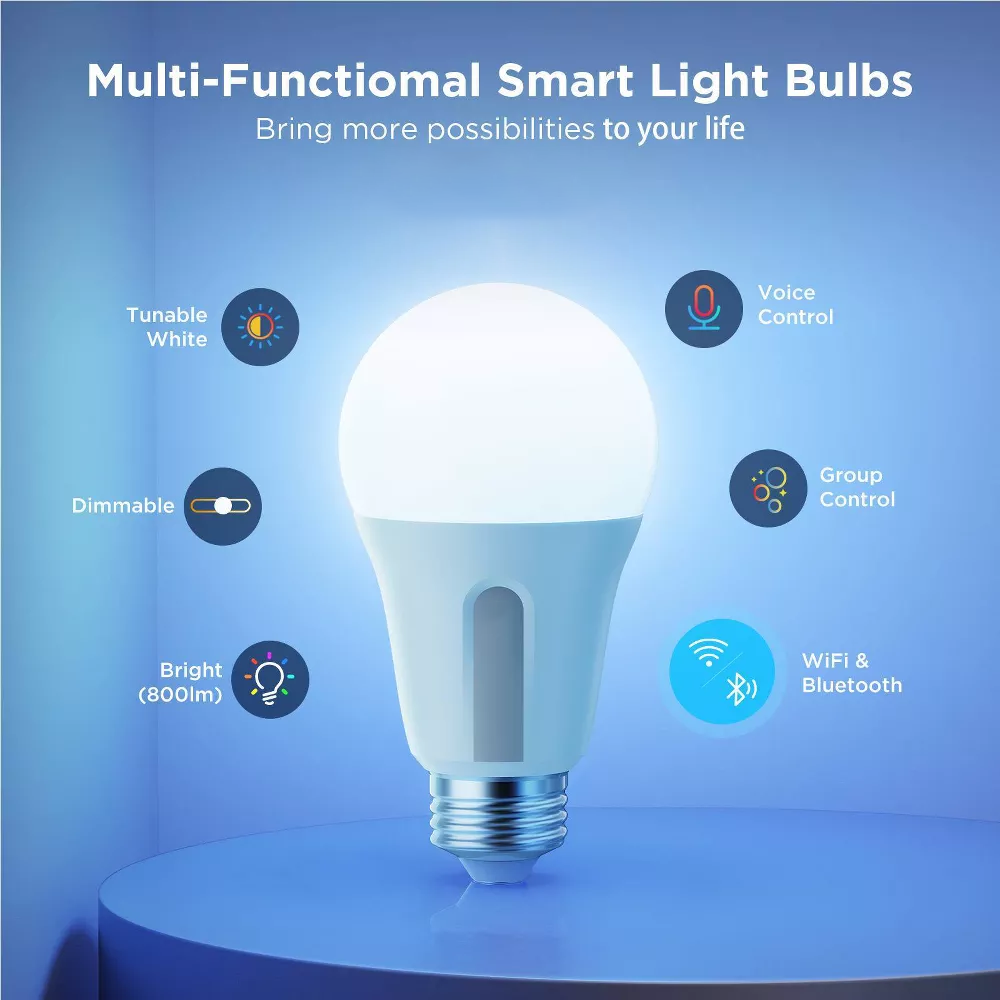 2 Pack A19 Wi-Fi & Bluetooth Dimmable Smart White LED Bulbs, E26 Base