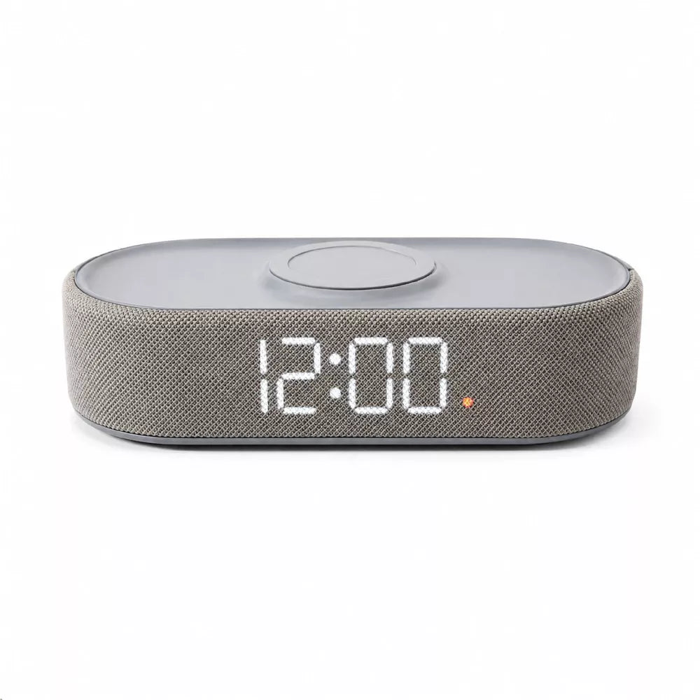 Fabric Wrapped Digital Alarm Clock with Wireless Charging & USB-C Port