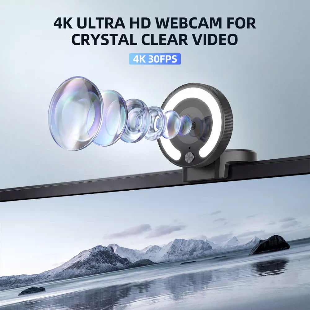 4K Autofocus Webcam with Adjustable Ring Light & Dual Noise Canceling Mics