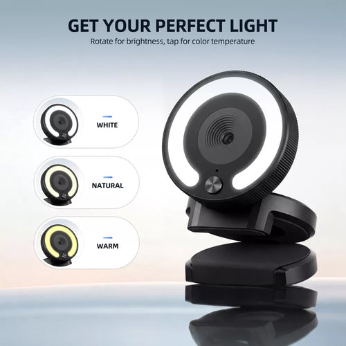 4K Autofocus Webcam with Adjustable Ring Light & Dual Noise Canceling Mics